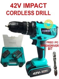 42V HAMMER IMPACT DRILL, SCREWDRIVER RECHARGEABLE CORDLESS DRILL X2PCS BATTERY