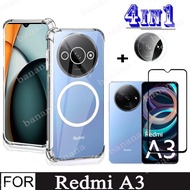 4In1 Redmi A3 Case Magnetic Sticker Shockproof Phone Case for Redmi A4 A5 14C Tempered Glass Screen 