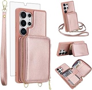 Phone Case for Samsung Galaxy S25 Ultra 5G Wallet Cell Cover with Tempered Glass Screen Protector Cr