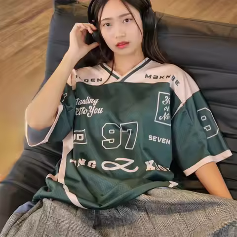 2026 New Women's Spring/Summer Y2K Fashion Casual Golden 97 Mesh Jersey Oversized Breathable Speed D