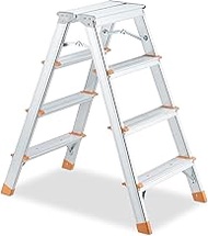 Relaxdays Aluminium Folding Step Ladder 4 Steps Ladder up to 150 kg Walk on Both Sides Stepladder Silver/Orange