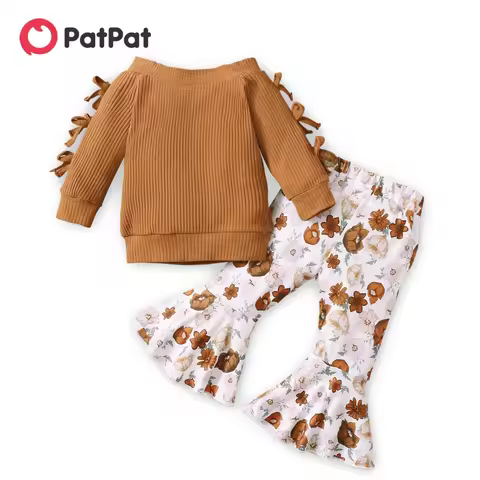 PatPat 2pcs Baby Solid Ribbed Off Shoulder Bowknot Long-sleeve Top and Floral Print Bell Bottom Pant