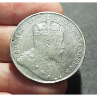 Straits Settlements Old Silver Coin - King Edwards VII 1 Dollar Year 1908 ( Weld Removed )