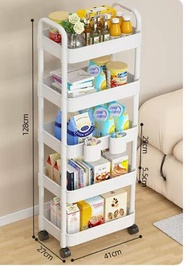 浴室儲物櫃,餐邊櫃,廚房置物架,可移動置物架 多用途小推車 花架 收納架【5層白-ABS加厚【滑輪】不生鏽】