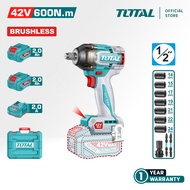 TOTAL Tools Cordless Impact Wrench + Battery + Charger + Socket (42V / 600Nm / 1/2" / Brushless) TIW