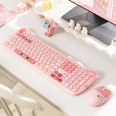 GEEZER Cat Ear Retro Round Keycaps Wireless Silent Keyboard Mouse Combo, Cute Pink Cartoon Keyboard 