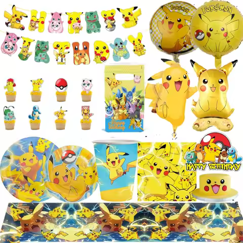 Pokemon Party Decorations Set Pikachu Tableware Pokemon Party Napkins Tablecloth Plate Cup Balloons 