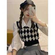 E1 Women's wool vest, sleeveless V-neck vest, short crop top, schoolgirl style, outstanding checkere