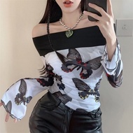 y2k y2k Women's Clothing Translucent Tops Hot Girls Pure Desire Style Chic Butterfly Printed Flat Ne