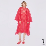 TandT - "MANAHA" Berry Checked Flared Sleeves Handkerchief Dress เดรสผ้าตาข่ายตัดต่อรูดย่น ลายหมากรุ