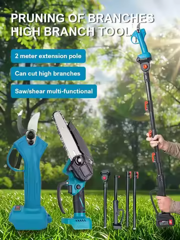 3 in1 Brushless Saw&Pruning Shear Removable 2m Reach Extension Pole Fruit Tree Cordless Electric Cha