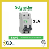 2Pole Schneider Easy9 25A C DIN-Rail Type Miniature Circuit Breaker 6kAIC (EZ9F56225)