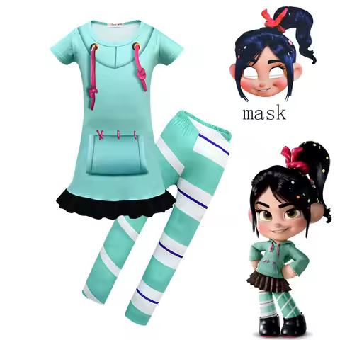 Anime Vanellope Von Schweetz Cosplay Costume Kids Girl Wreck-It Ralph Dress Pants Mask Uniform Set H