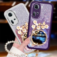 Ready Stock Casing for OPPO Reno11 5G / Reno11 Pro 5G Bling Shiny Phone Case with 3D Flowers Mirror + Pearl Bracelet Strap TPU Silicone Softcase Girls Cover Reno 11 11Pro