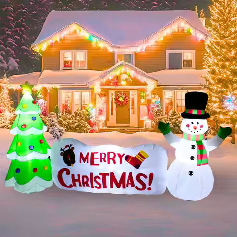 10FT Inflatable Snowman with Tree and Sign Outdoor Decoration, Christmas Blow Up Yard Decorations, B