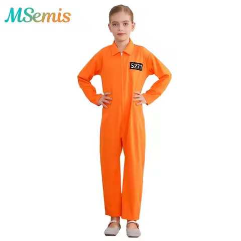 Girls Orange Prisoner Costume Long Sleeve Prisoner Jumpsuit Jailbird Inmate Prison Uniform Theme Par