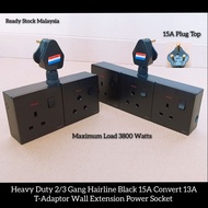 Heavy Duty 2/3 Gang Hairline Black 15A Convert 13A T-Adaptor Wall Extension Wire Plug Power Socket