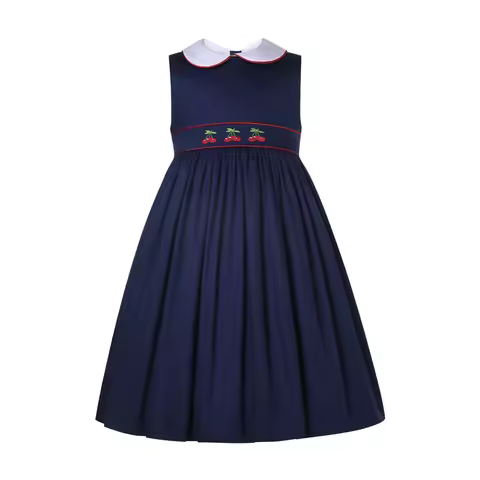 Pettigirl New Summer Kids Children Elegant Navy Blue Smocked Embroidery Dresses for Girls Siblings M