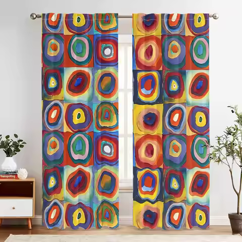 2 Panels 2pcs Wassily Kandinsky Bauhaus Curtains - Modern Window Drapes with Concentric Circles & Sq