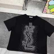 YSL Korean High-end Trendy Hot Diamond Loose Oversais Versatile T-shirt For Women High Street Student Wear Round Neck Pure Cotton T-shirt