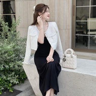 Set áo khoác vest croptop trắng đầm đen thun hai dây set basic style Hàn quốc thanh lịch