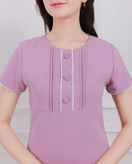 ชุดเดรส Irene dress from Techinee_brandเดรสสีพื้น(เดรสแขนสั้นแต่งปอมๆจิ๋ว)