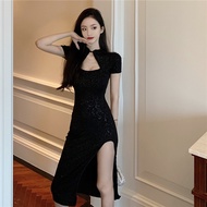 【CW】Women French Cheongsam Split Long Dress R Elegant Fashion Chinese Traditional Qipao Oriental Sexy Nightclub Bodycon