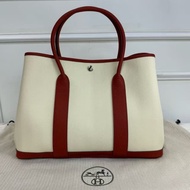 閒置新 Hermes愛馬仕Garden Party30 花園包30酒紅色拼米色帆布拼皮 銀扣 經典托特購物袋 熱門款手提單肩包