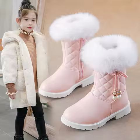 Girls Princess Boots Warm Shoes for Winter Kids Long Boots with Fur 2025 New Fashion Sweet Girls Lea