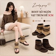 [Zendy.giay] Expensive Women's Boots High Collar Retro Flip-flops Rivet Belt Tassel Velvet Felt Sole