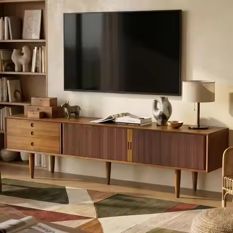 86.61" Solid Wood TV Stand for 85 Inch TV, Mid Century Walnut, Custom