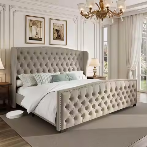 California King Platform Bed Frame, Velvet Upholstered Bed Frame with Wingback Headboard Handmade, B