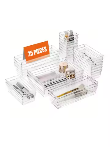 25pcs Drawer Storage Box Set, Multi-Functional Transparent Plastic Drawer Storage Set Drawer Divider