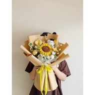 Wool sunflower bouquet with graduation stuffed animal - meaningful handmade gift