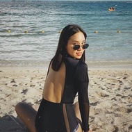 Tracker suit 長袖 連體泳衣 / 黑色+玫瑰 花 打印