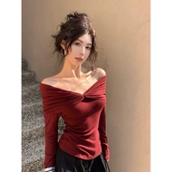 NIVRA Slim Long-Sleeved Off-Shoulder Shirt for Ladies to Wear to Coffee, Soft and Cool Cotton - NA34