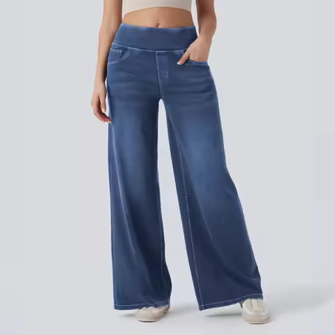 2026 Spring Summer Denim Straight Trousers Women's Elastic-waist Jeans High-waist Loose Casual Pants