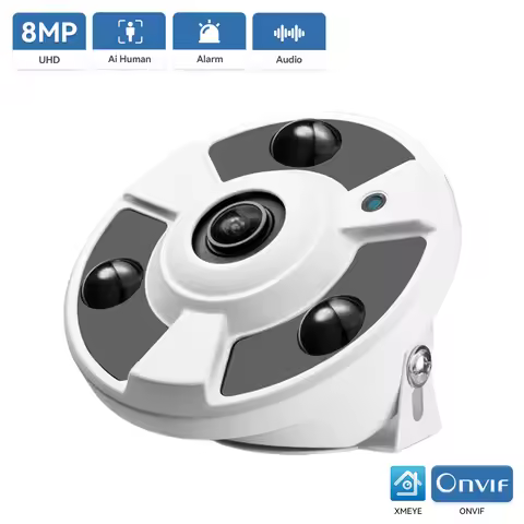 8MP 4K Ultra HD ONVIF IP Camera 1.7MM Fisheye Lens Panoramic Camera 180Degree Wide Angle Internal Au