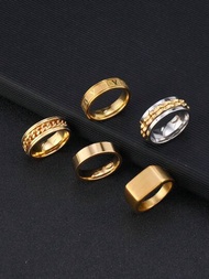 5入組/套時尚不鏽鋼羅馬字方形印章裝飾男士戒指套裝,黃金飾品適合日常搭配和節慶飾品
