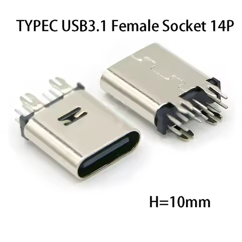 1PC TYPEC USB3.1 Female Socket 14P Upright Fast Charging Harpoon Foot H=10.0mm 90 180 Degree Charg P
