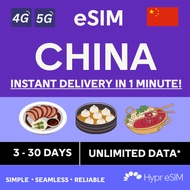 China eSIM 3 to 30 Days Unlimited Data - INSTANT DELIVERY via Email! (Able to use global apps!)