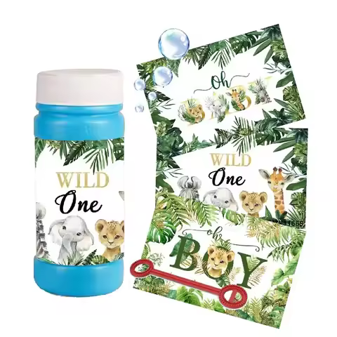 Jungle Animal Wild One Soap Bubble Labels Juice Pouch Bag Gift Treat Box Water Bottle Stickers Birth