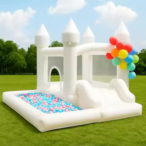 White Bounce House with Blower 9x9x7FT Inflatable Castle with Slide Ball Pit for Indoor Outdoor Jump
