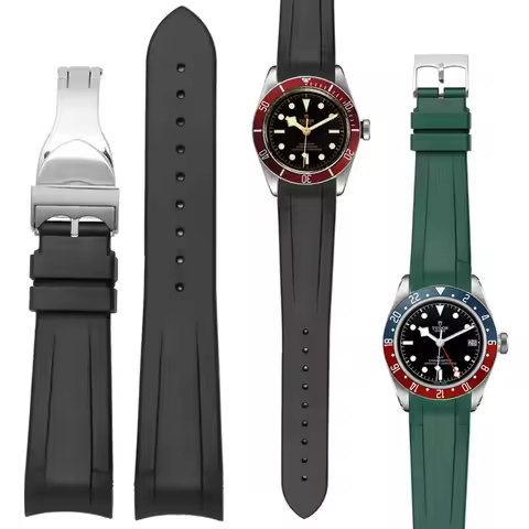 22mm Natural Rubber Silicone Rubber Watch Strap For Tudor Biwan GMT Curved End Pin / Folding Buckle 