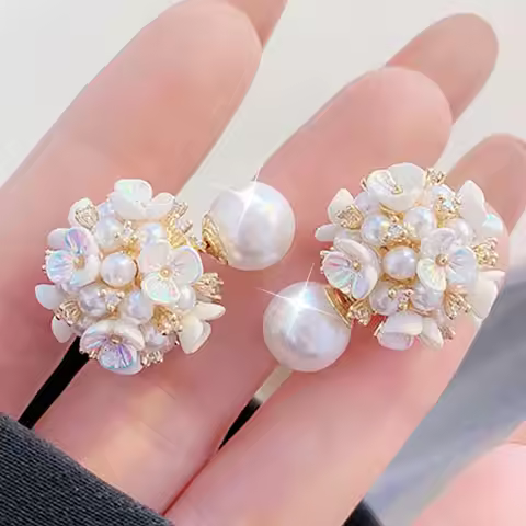 JUWANG Both Wear Earrings Charm Pearl Ear Stud Exquisite Romantic Flower Luxury Earring Simple Class