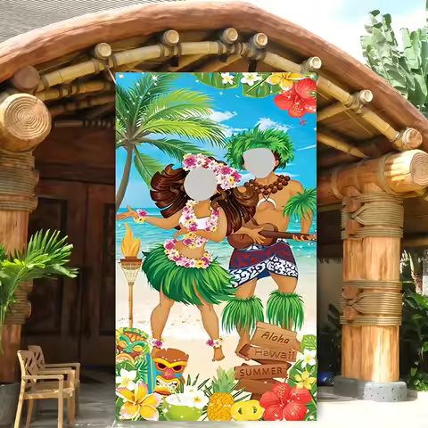 Hawaiian party door cover decoration, Aloha banner, tropical beach photo background, spring or summe