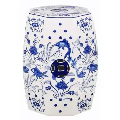 Castle Gardens Collection Glazed Ceramic Blue Cloud 9 Chinoiserie Garden Stool