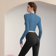 ชุดโยคะแขนยาวสำหรับผู้หญิง ชุดโยคะ Pilates พร้อมแผ่นรองหน้าอก ชุดออกกำลังกายแบบสวมหัว ชุดกีฬาสำหรับผ