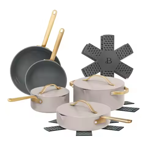 12-Piece Ceramic Non-Stick Cookware Set with Strainer Lids, Porcini Taupe by Drew Barrymore