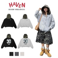 Haven Studio Boxy Form Camo Hoodie in black and gray with number 90 printed and camouflage hat